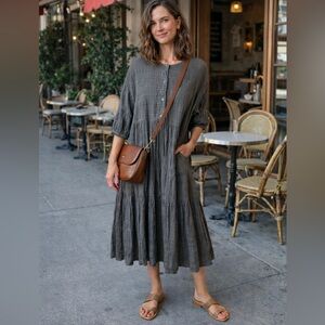 NWT BLACK CRANE charcoal cotton tent dress tiered gauzy oversized Size M/L